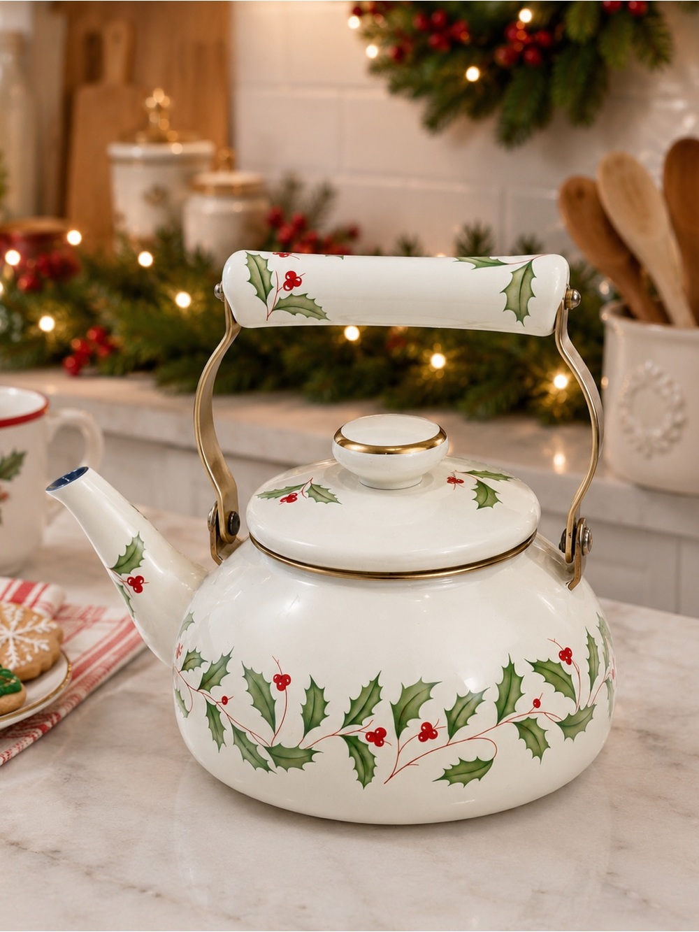 Lenox Holiday Enamel Ware Metal Tea Kettle Teapot Holly Berry China Handle